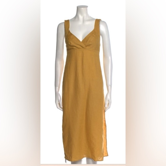 Reformation “Allira” Linen Tent V-neck Zip Sleeveless Mustard Midi Dress XS - Picture 2 of 4